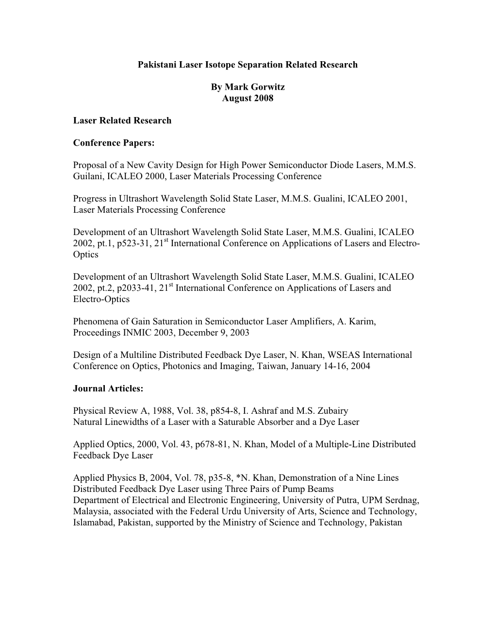 Pakistani Laser Isotope Separation Related Research