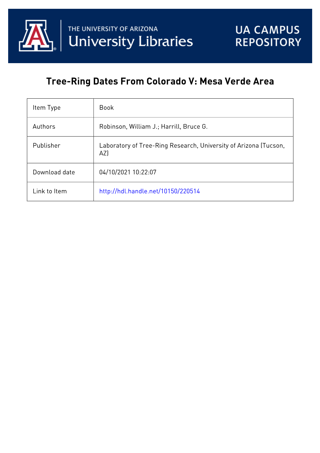 Tree-Ring Dates from Colorado V: Mesa Verde Area