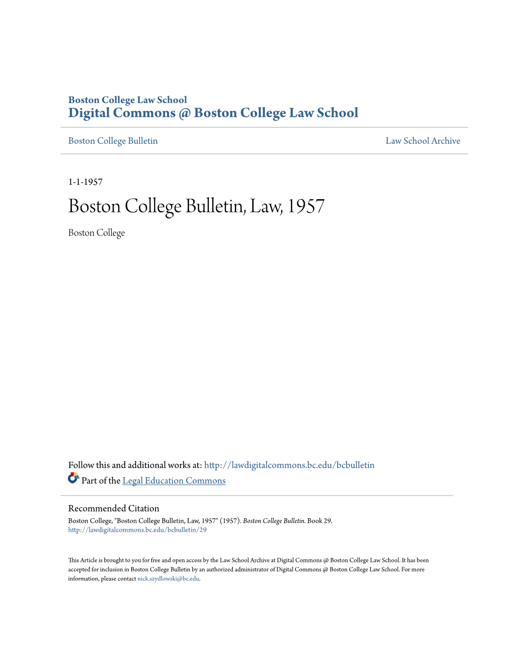 Boston College Bulletin, Law, 1957 Boston College