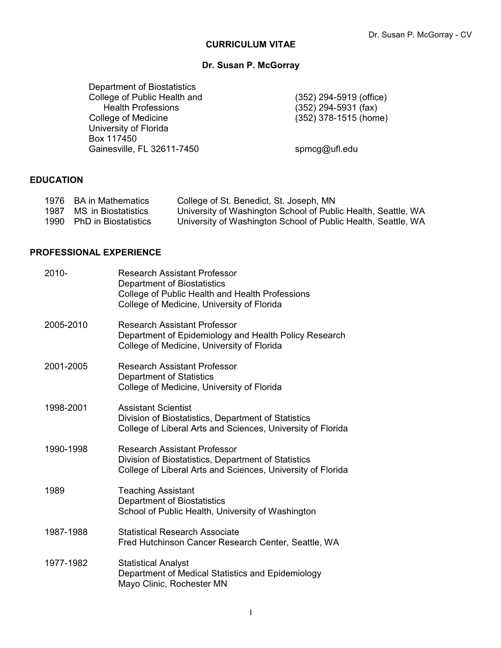 CURRICULUM VITAE Dr. Susan P. Mcgorray