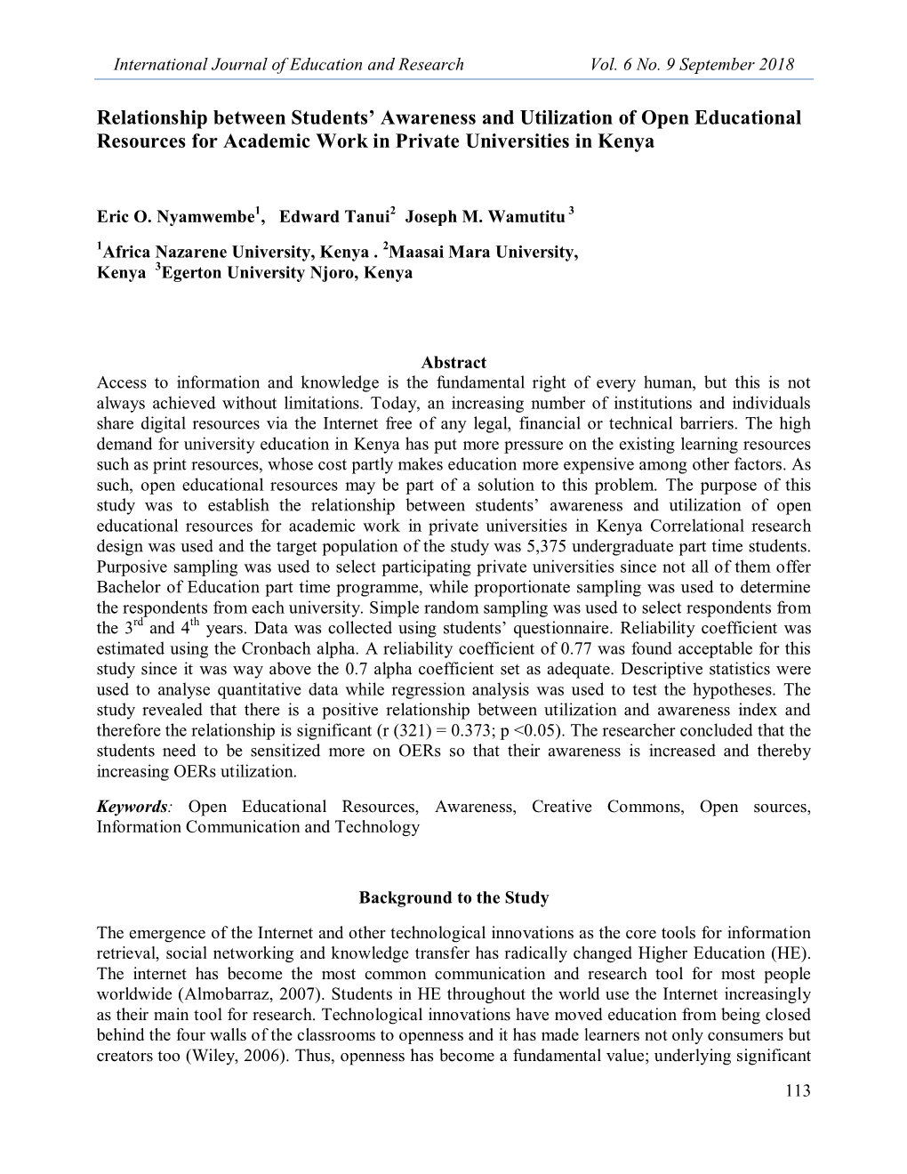 Relationship Between Students' Awareness and Utilization of Open Educational Resources for Academic Work in Private Universiti