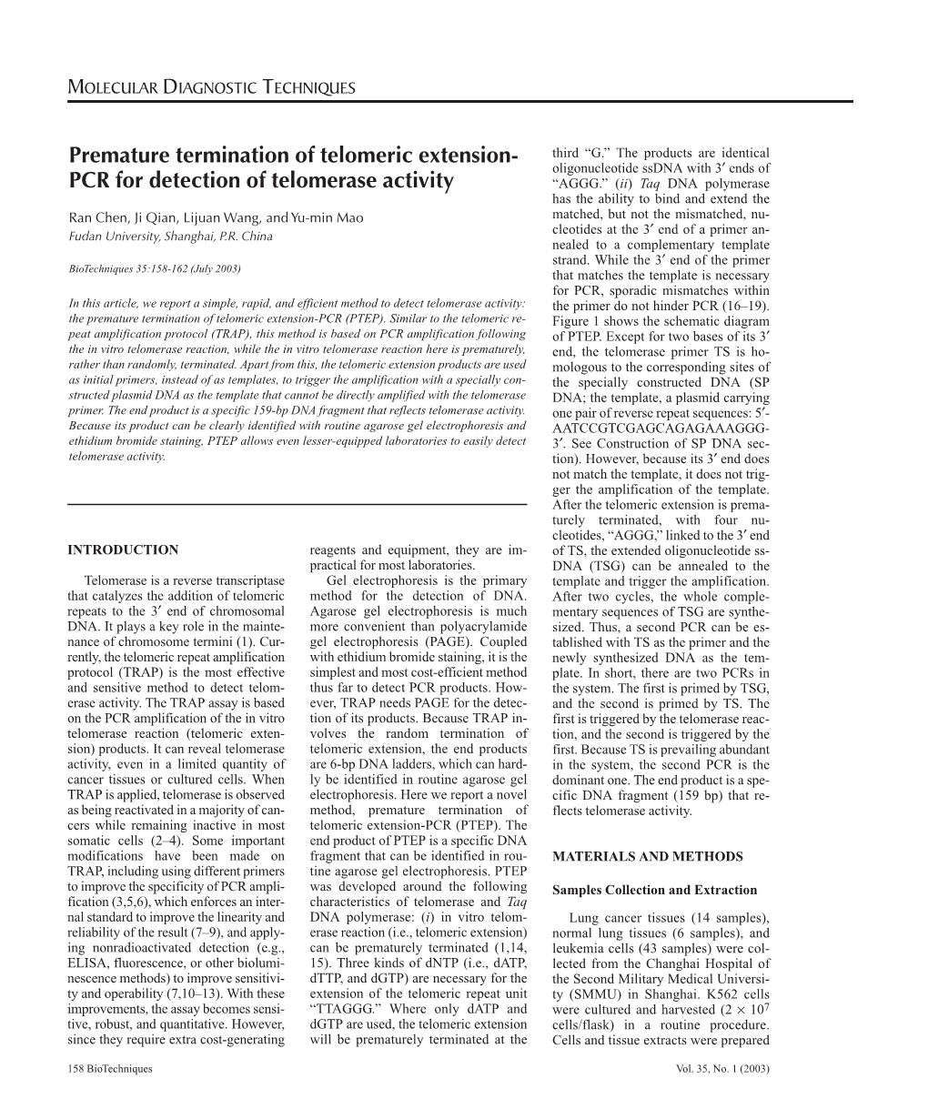 Premature Termination of Telomeric Extension- PCR for Detection Of