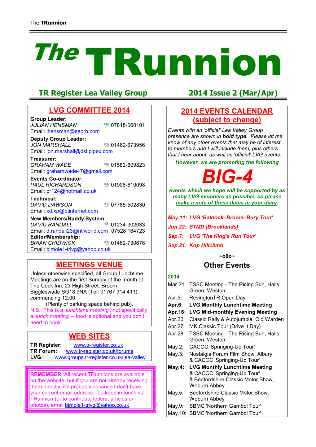 The Trunnion the Trunnion TR Register Lea Valley Group 2014 Issue 2 (Mar/Apr)