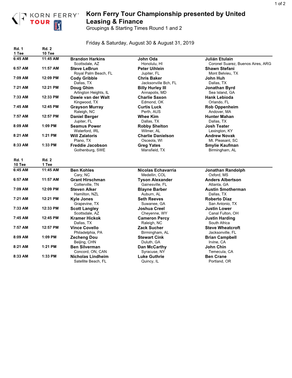 Korn Ferry Tour Championship Presented by United Leasing & Finance Groupings & Starting Times Round 1 and 2