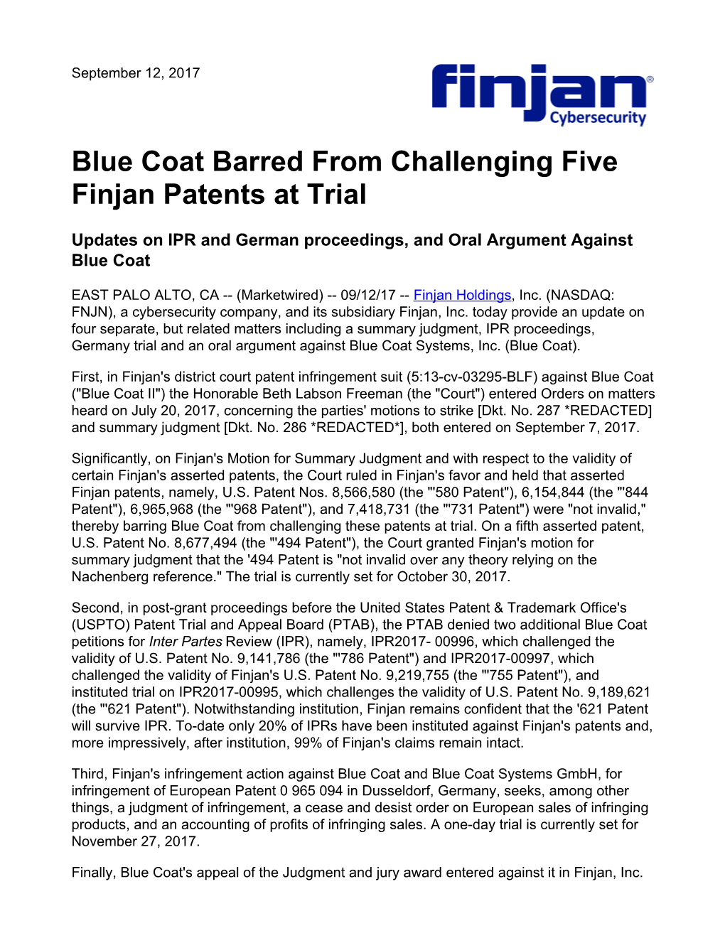 Blue Coat Barred from Challenging Five Finjan Patents at Trial