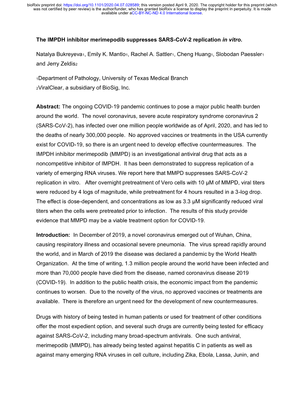 The IMPDH Inhibitor Merimepodib Suppresses SARS-Cov-2 Replication in Vitro