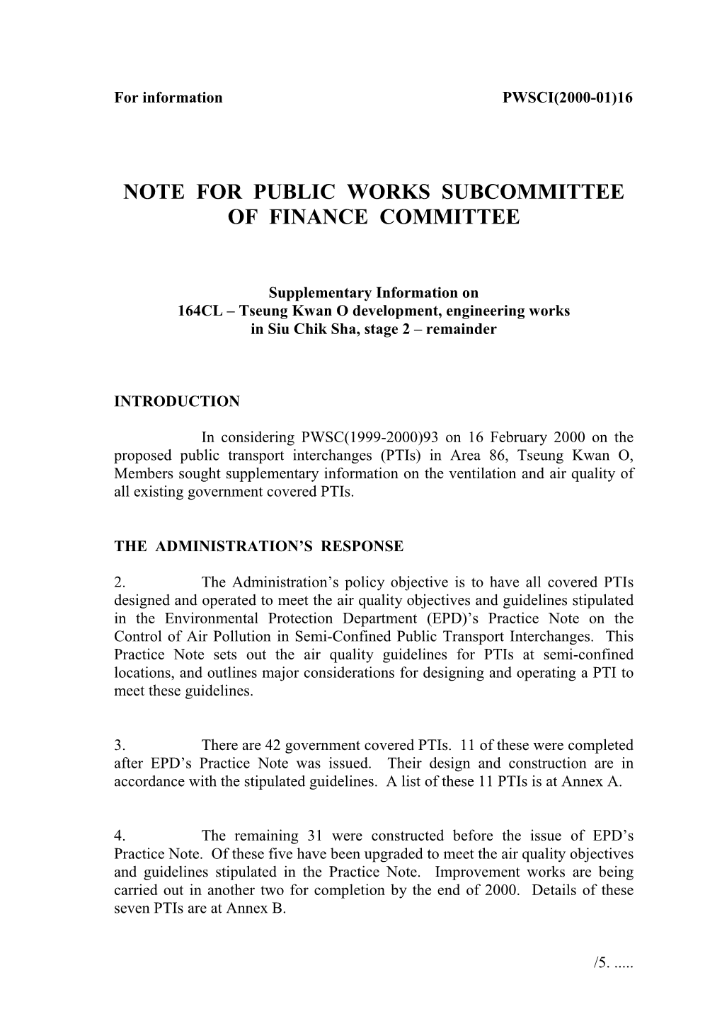 Note for Public Works Subcommittee of Finance Committee