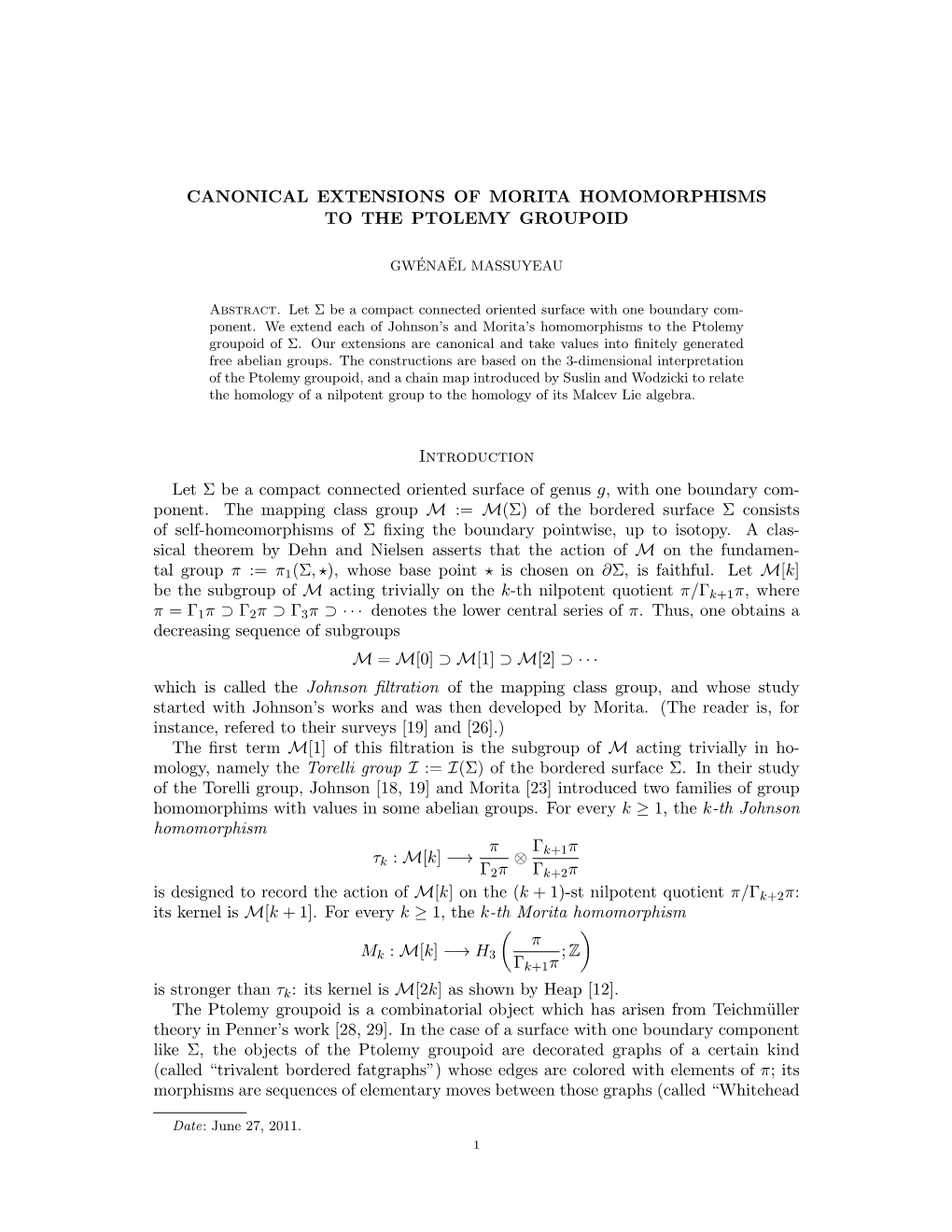 Canonical Extensions of Morita Homomorphisms to the Ptolemy Groupoid