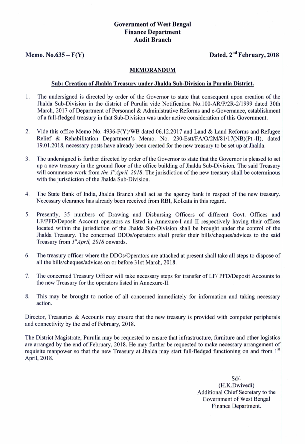 Government of West Bengal Finance Department Audit Branch Memo