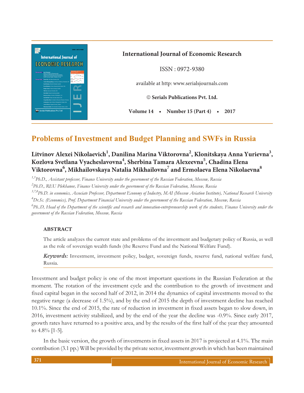 Problems of Investment and Budget Planning and Swfs in Russia