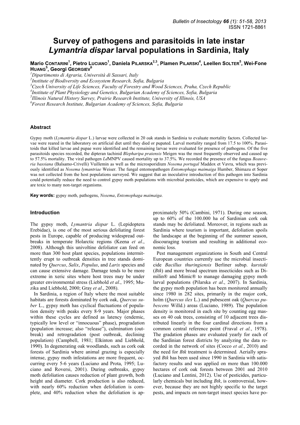 Survey of Pathogens and Parasitoids in Late Instar Lymantria Dispar Larval Populations in Sardinia, Italy