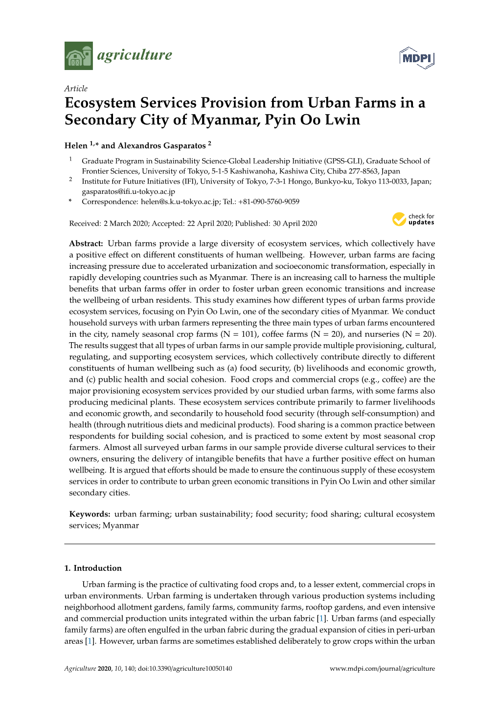 Ecosystem Services Provision from Urban Farms in a Secondary City of Myanmar, Pyin Oo Lwin