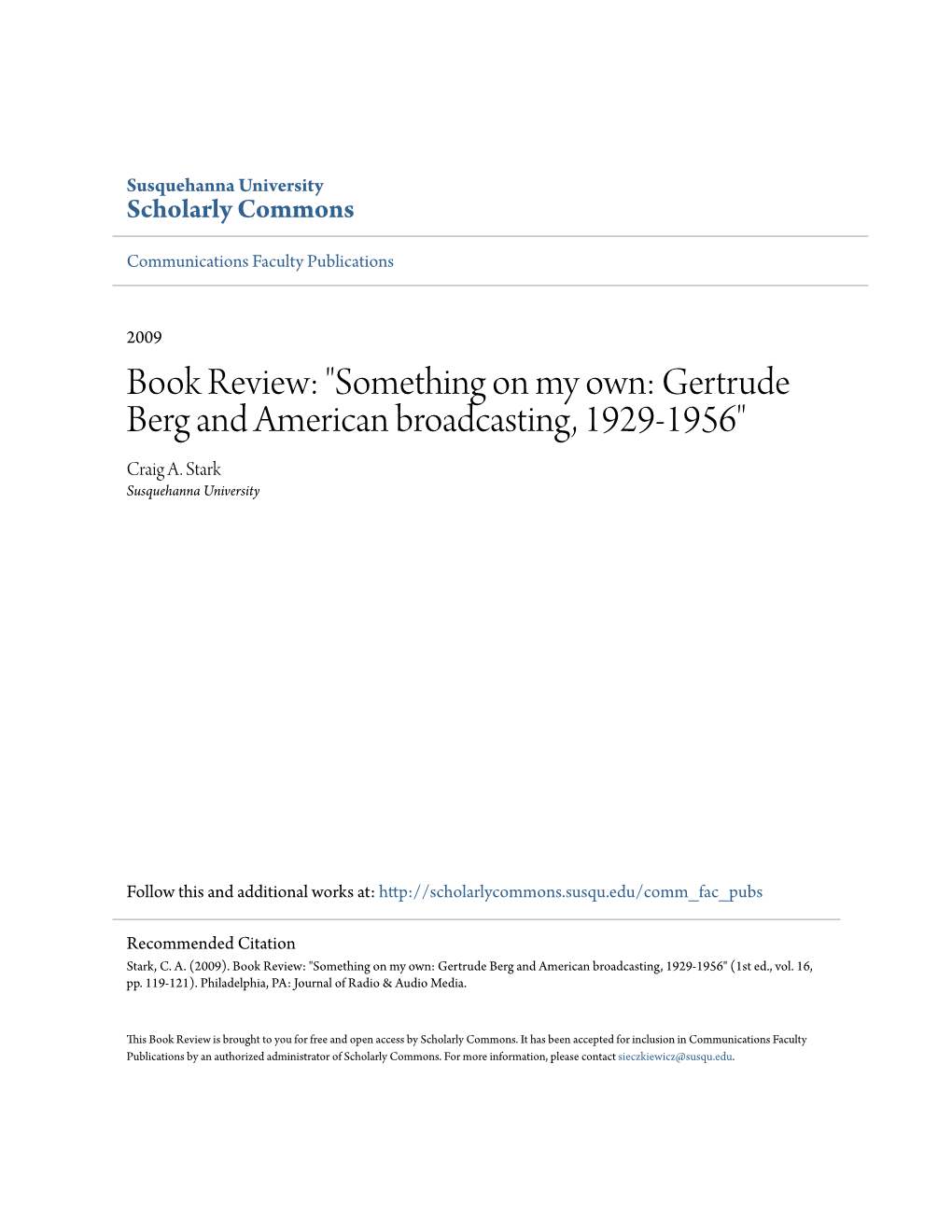 Something on My Own: Gertrude Berg and American Broadcasting, 1929-1956" Craig A