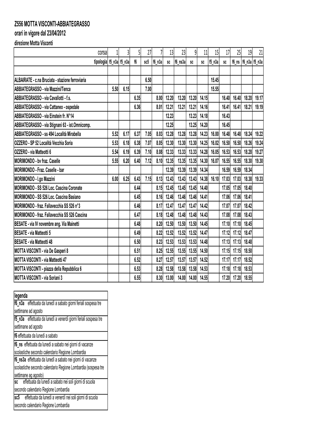 Z556 MOTTA VISCONTI-ABBIATEGRASSO Orari