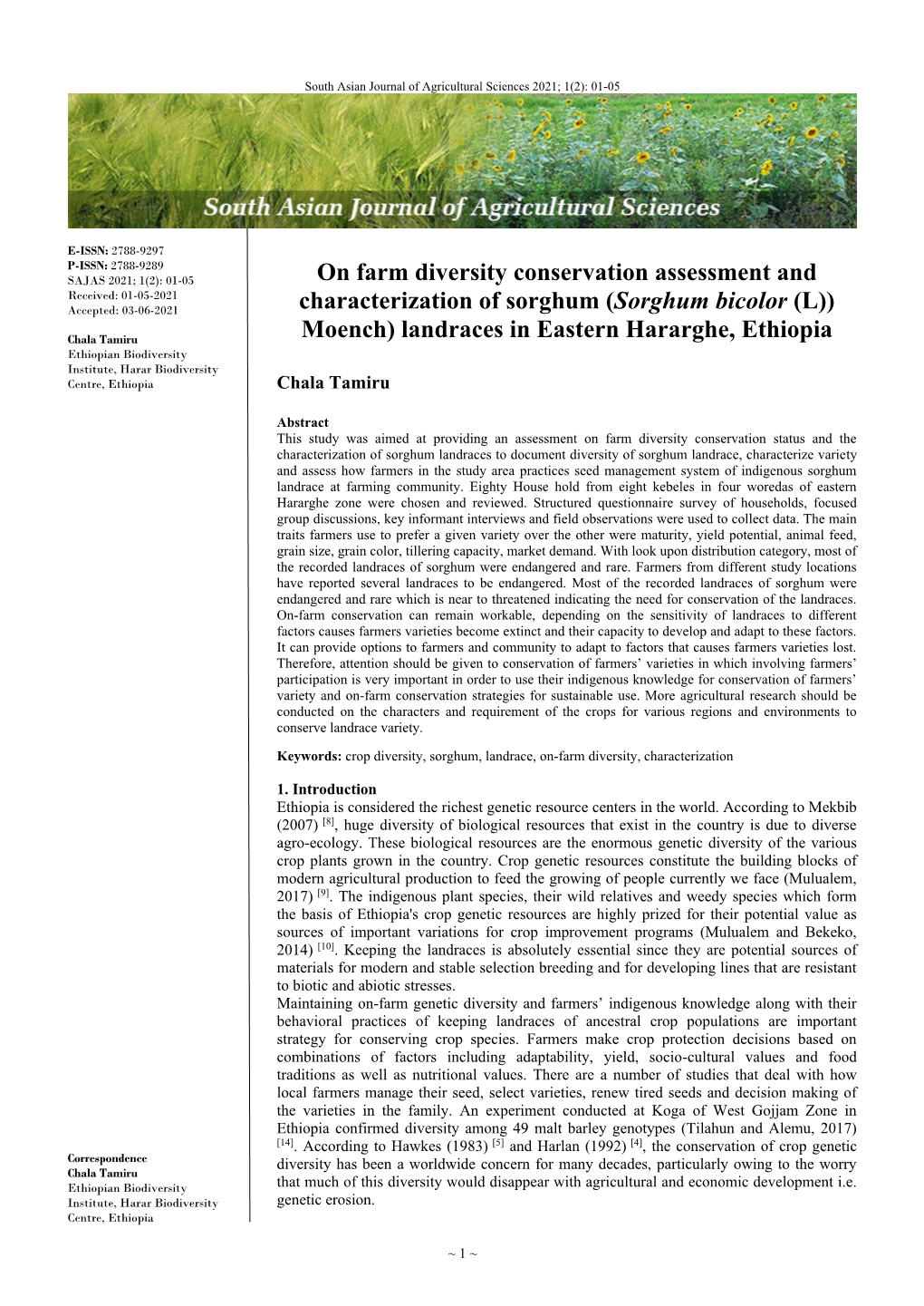 On Farm Diversity Conservation Assessment and Characterization Of