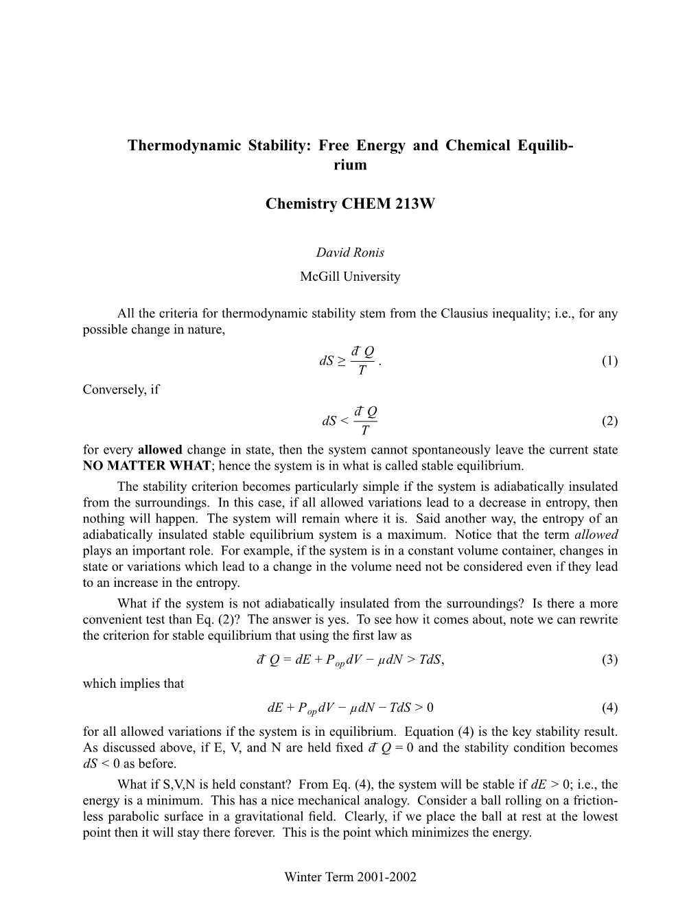 Thermodynamic Stability: Free Energy and Chemical Equilib- Rium