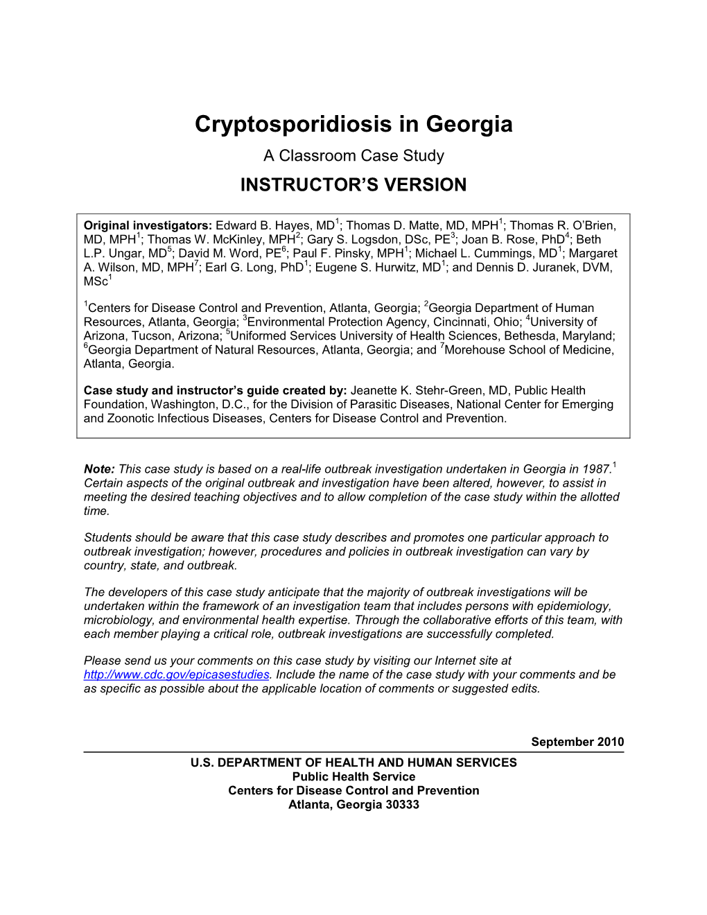 Cryptosporidiosis in Georgia a Classroom Case Study INSTRUCTOR’S VERSION