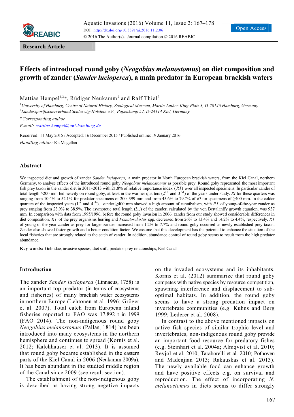 Effects of Introduced Round Goby (Neogobius Melanostomus) on Diet Composition and Growth of Zander (Sander Lucioperca), a Main Predator in European Brackish Waters