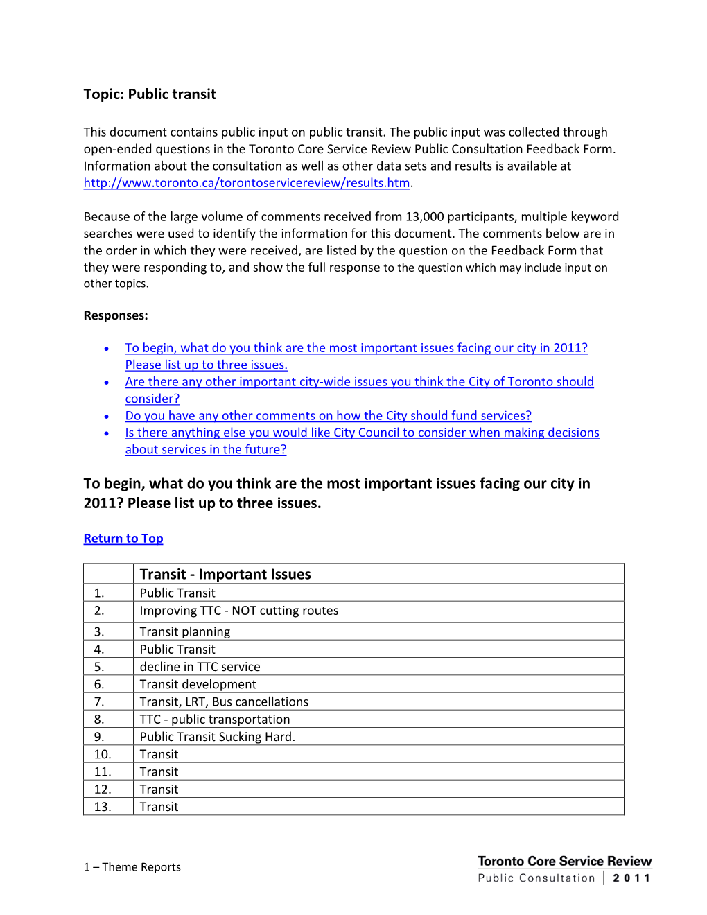 Topic: Public Transit to Begin, What Do You Think Are the Most Important Issues Facing Our City in 2011? Please List up to Thre