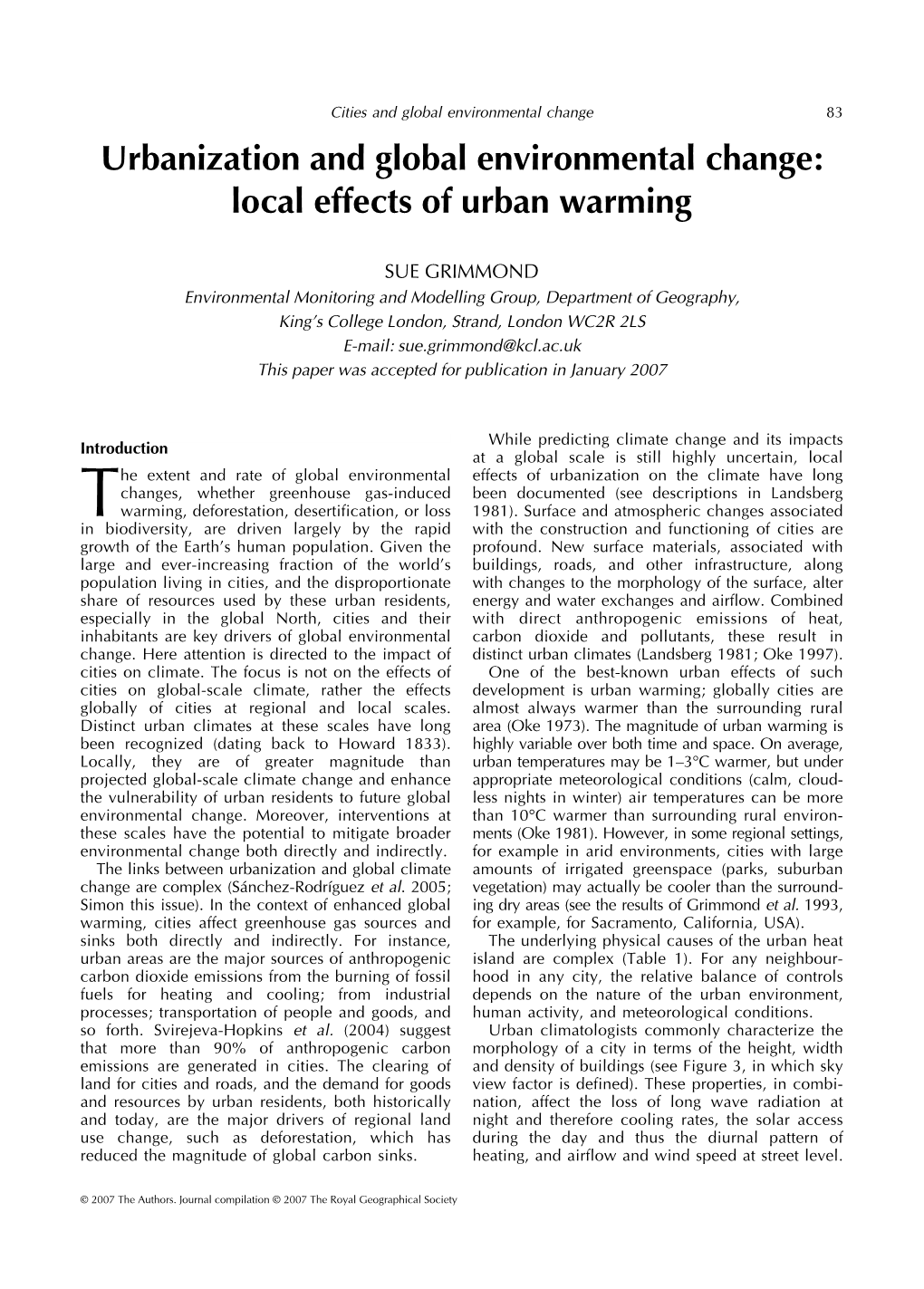 Urbanization and Global Environmental Change: Local Effects of Urban Warming