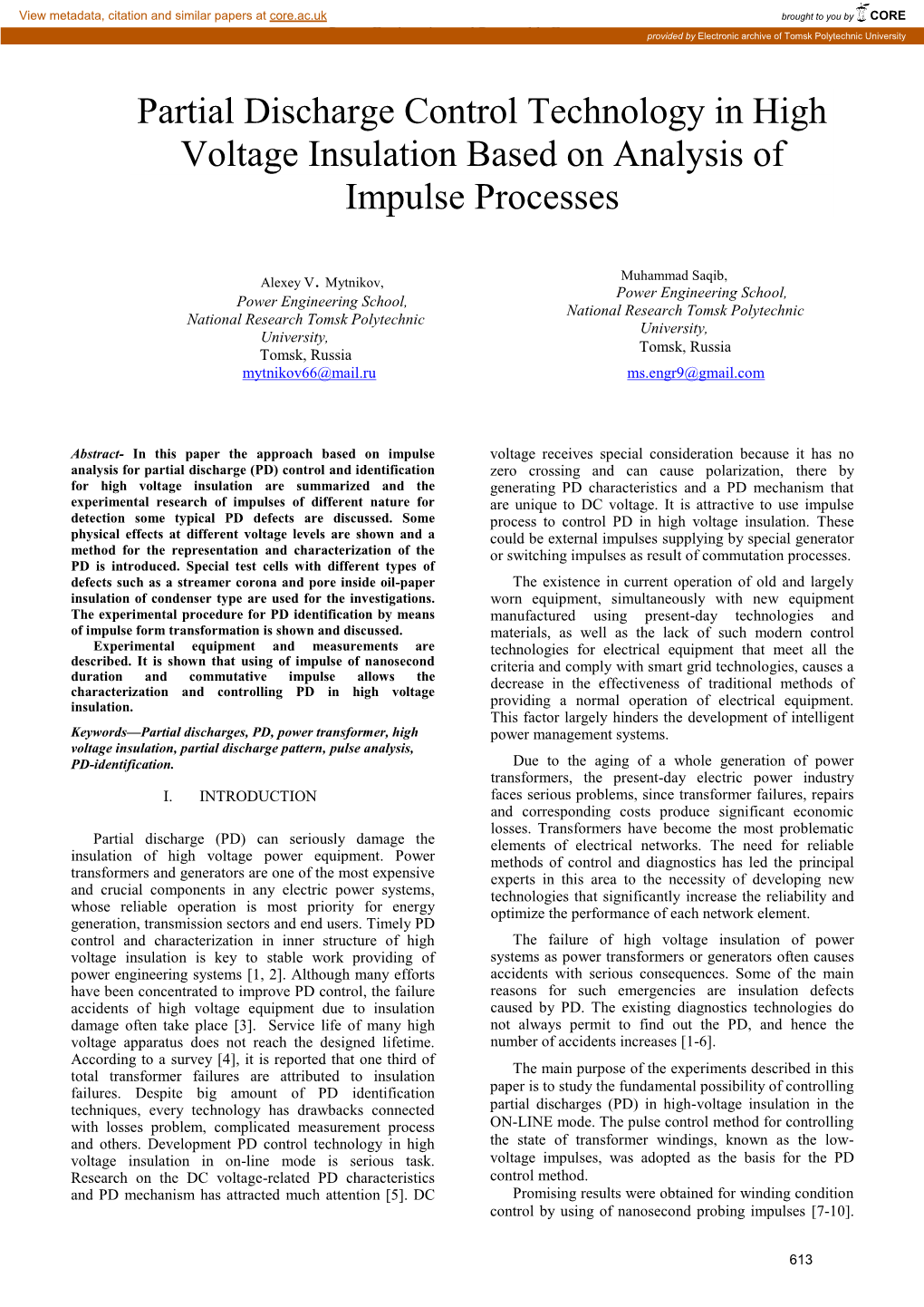 Partial Discharge Control Technology in High Voltage Insulation Based on Analysis of Impulse Processes