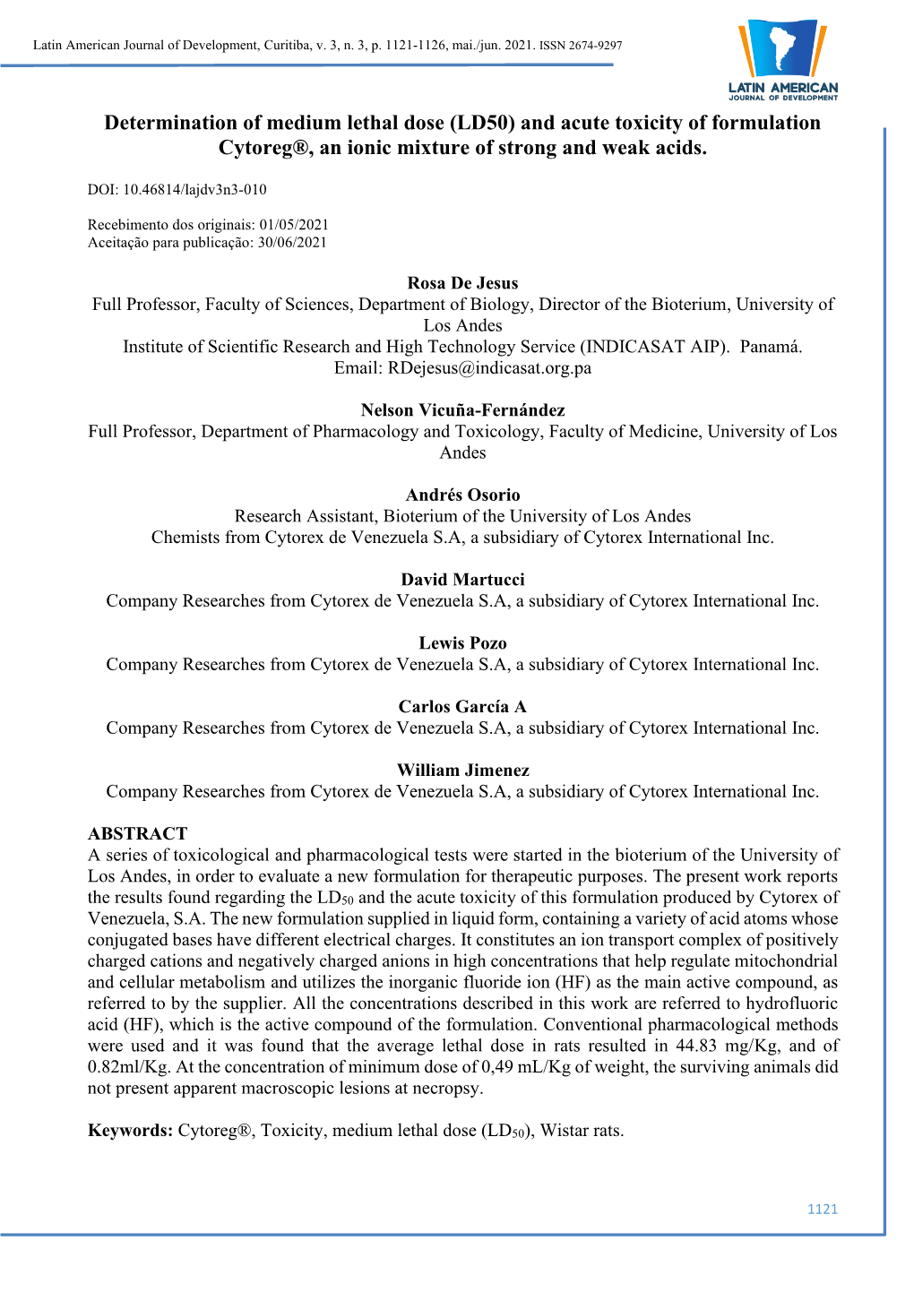 Determination of Medium Lethal Dose (LD50) and Acute Toxicity of Formulation Cytoreg®, an Ionic Mixture of Strong and Weak Acids