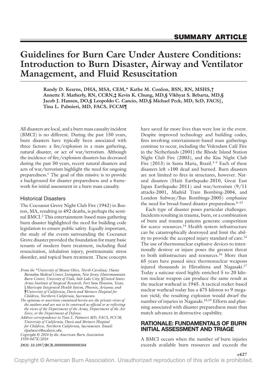 Guidelines for Burn Care Under Austere Conditions: Introduction to Burn Disaster, Airway and Ventilator Management, and Fluid Resuscitation