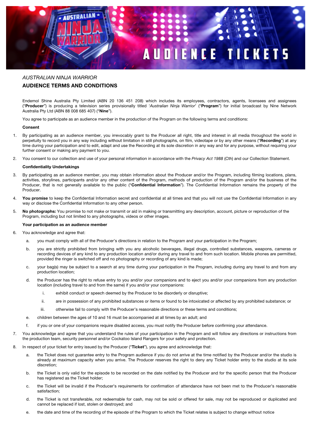 Australian Ninja Warrior Audience Terms and Conditions