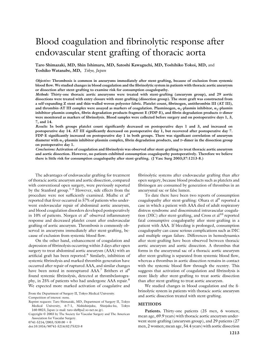 Blood Coagulation and Fibrinolytic Response After Endovascular Stent Grafting of Thoracic Aorta