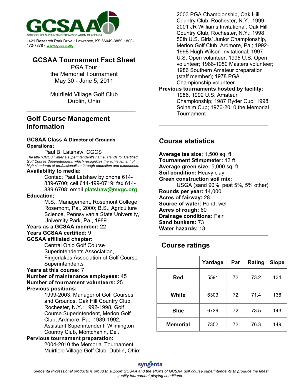 GCSAA Tournament Fact Sheet Golf Course Management Information