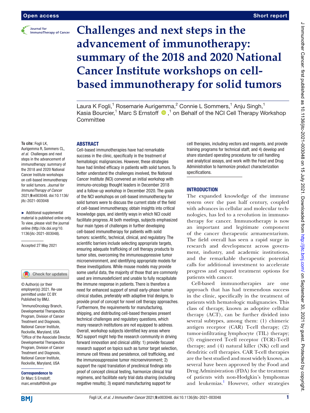 Challenges and Next Steps in the Advancement of Immunotherapy: Summary of the 2018 and 2020 National Cancer Institute Workshops