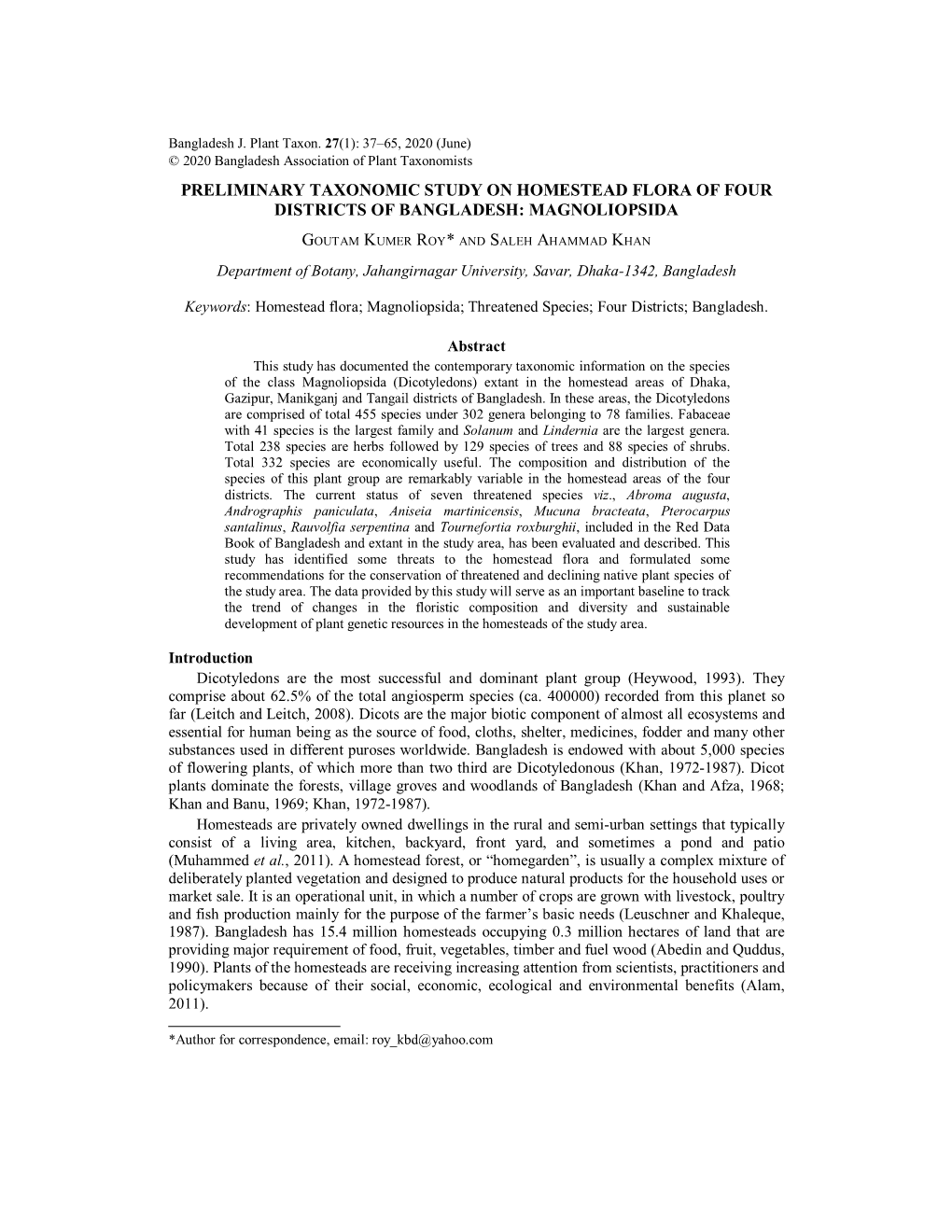 Preliminary Taxonomic Study on Homestead Flora of Four Districts of Bangladesh: Magnoliopsida