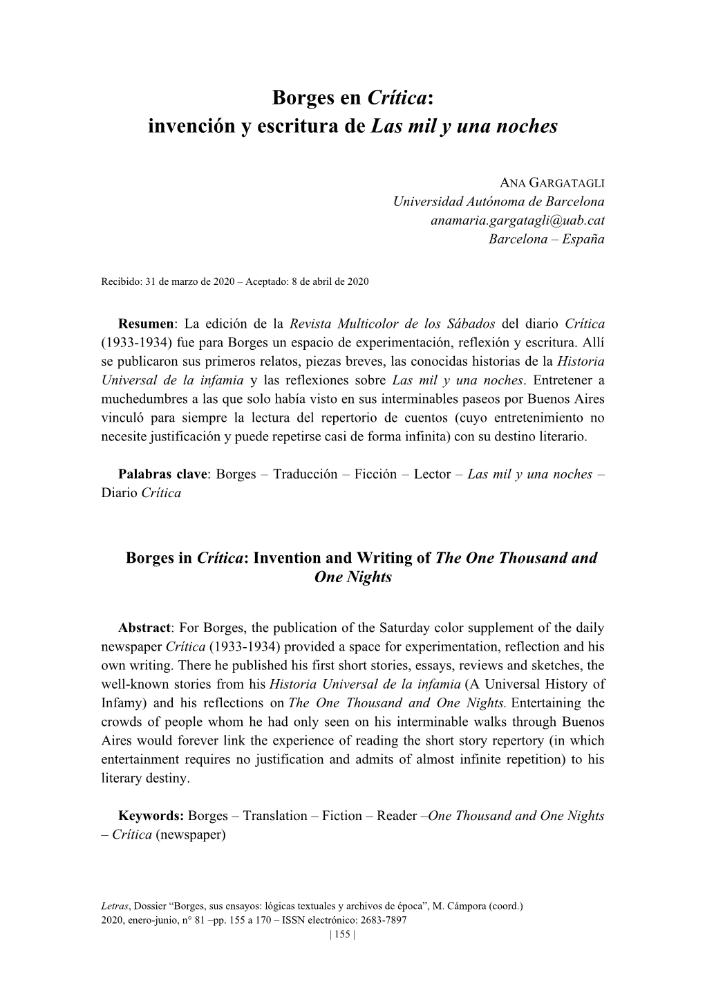 Borges En Crítica: Invención Y Escritura De Las Mil Y Una Noches