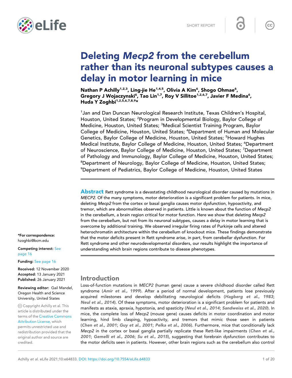 Deleting Mecp2 from the Cerebellum Rather Than Its Neuronal Subtypes