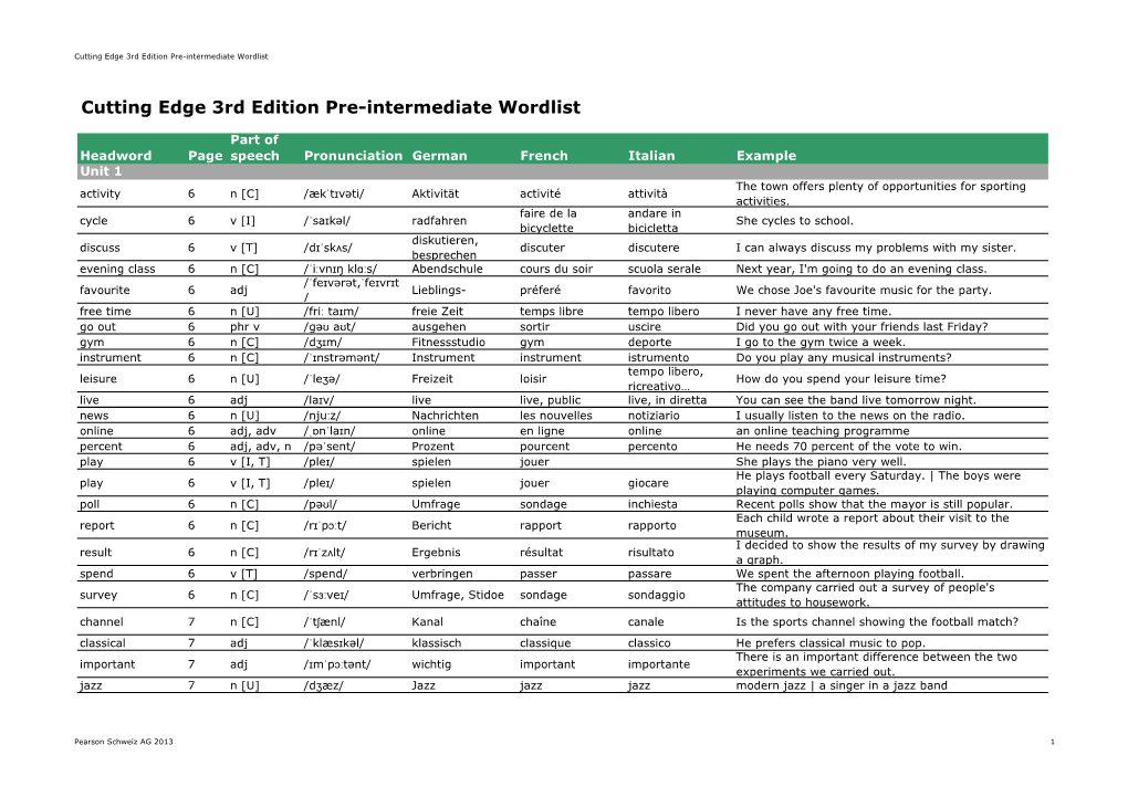 Cutting Edge 3Rd Edition Pre-Intermediate Wordlist