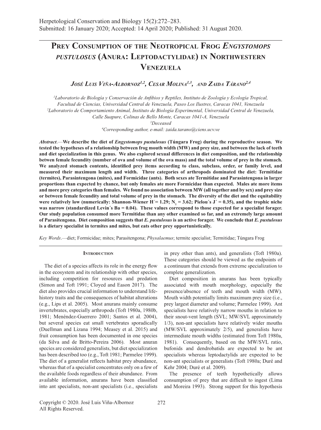 Prey Consumption of the Neotropical Frog Engystomops Pustulosus (Anura: Leptodactylidae) in Northwestern Venezuela