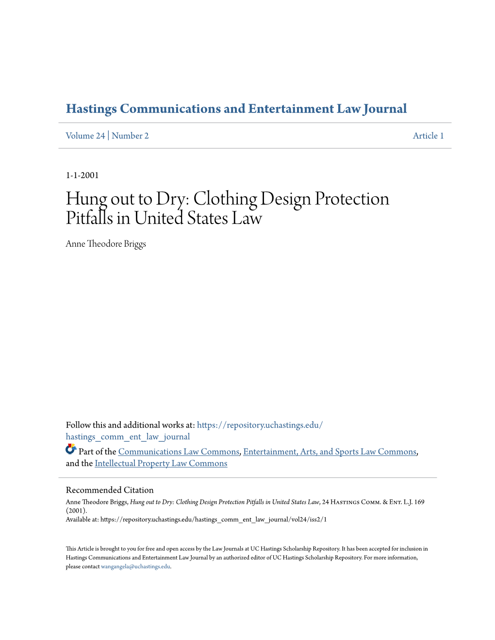 Clothing Design Protection Pitfalls in United States Law Anne Theodore Briggs