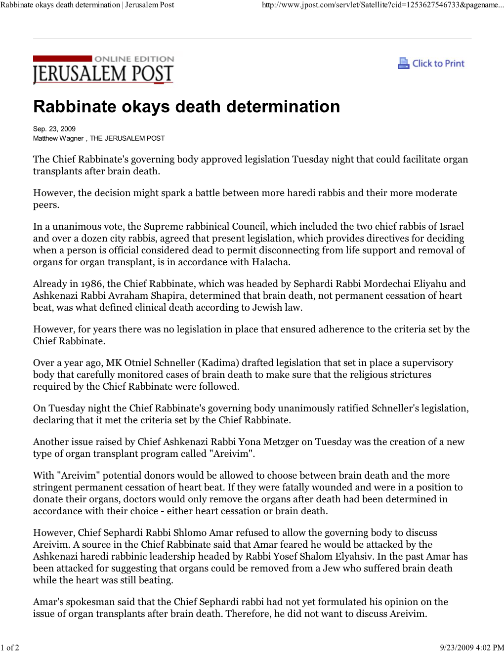 Rabbinate Okays Death Deter