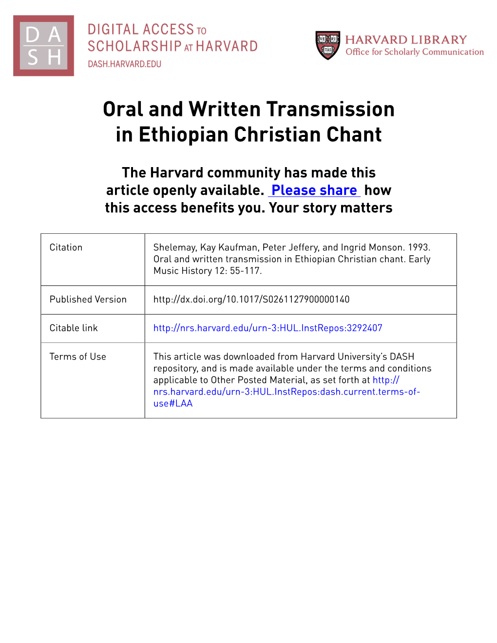 Oral and Written Transmission in Ethiopian Christian Chant