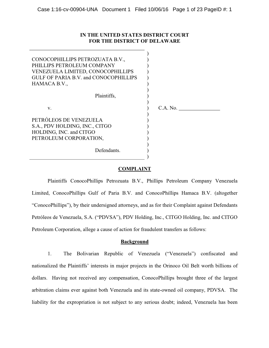 Complaint Filed by Conocophillips in the US District Court of Delaware