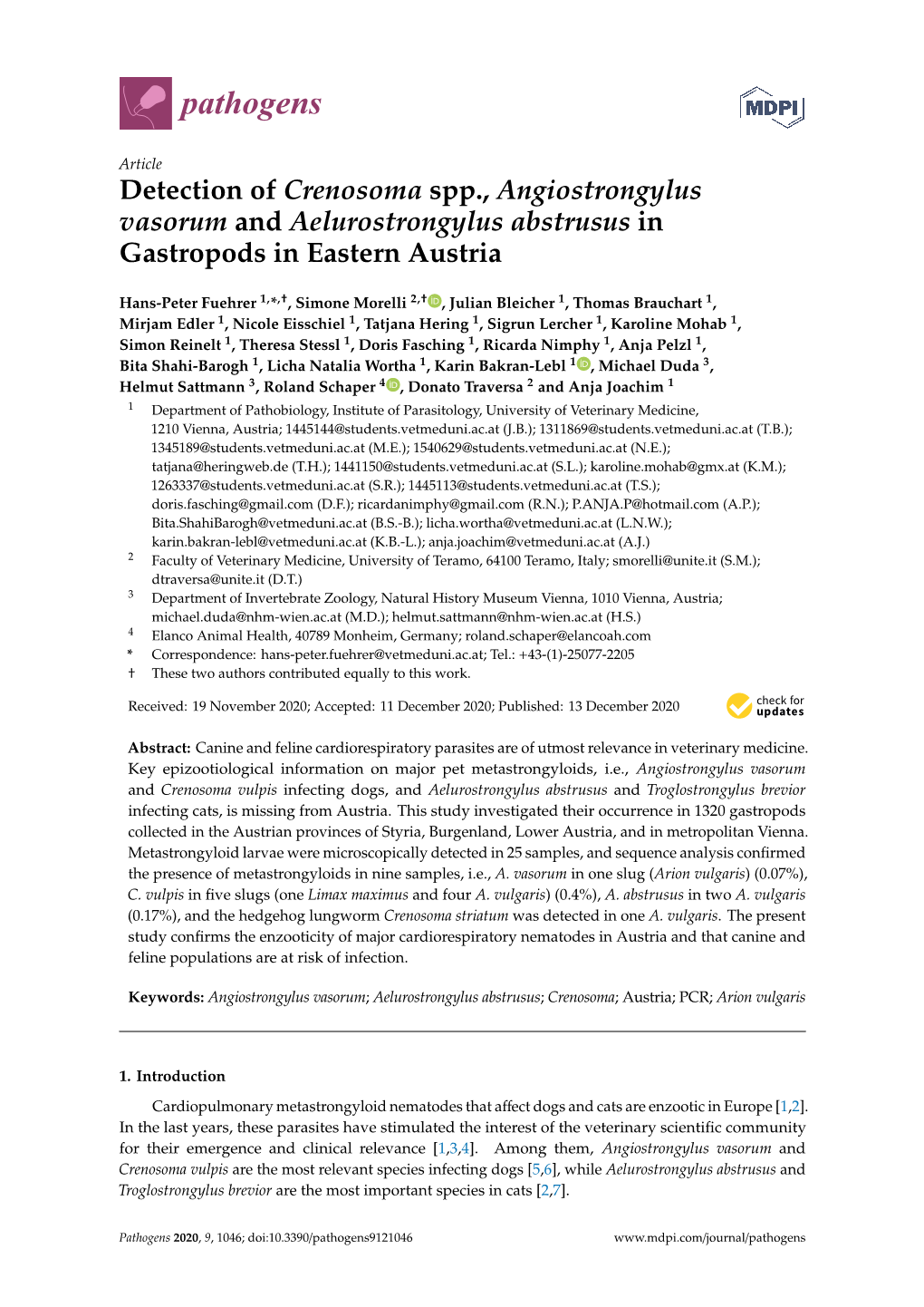 Detection of Crenosoma Spp., Angiostrongylus Vasorum and Aelurostrongylus Abstrusus in Gastropods in Eastern Austria