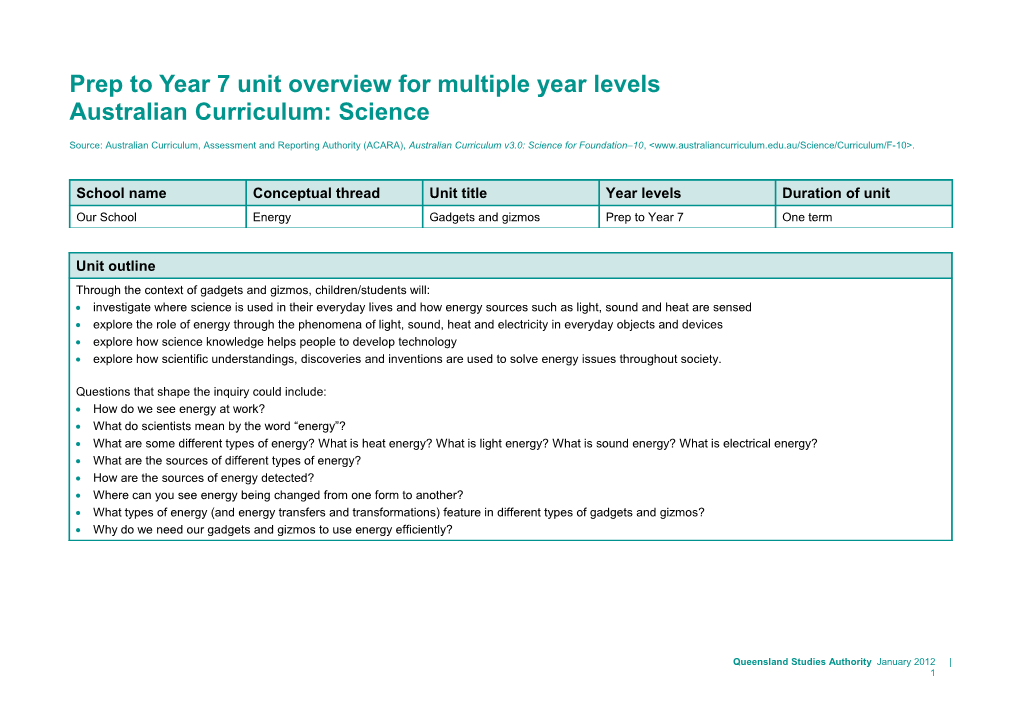 Prep to Year 7 Unit Overview for Multiple Year Levels Australian Curriculum: Science