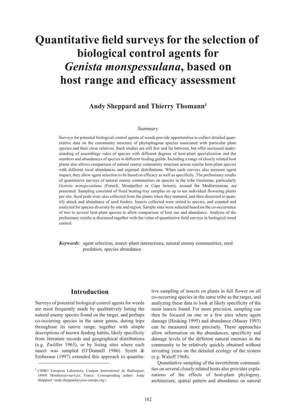 Quantitative Field Surveys for the Selection of Biological Control