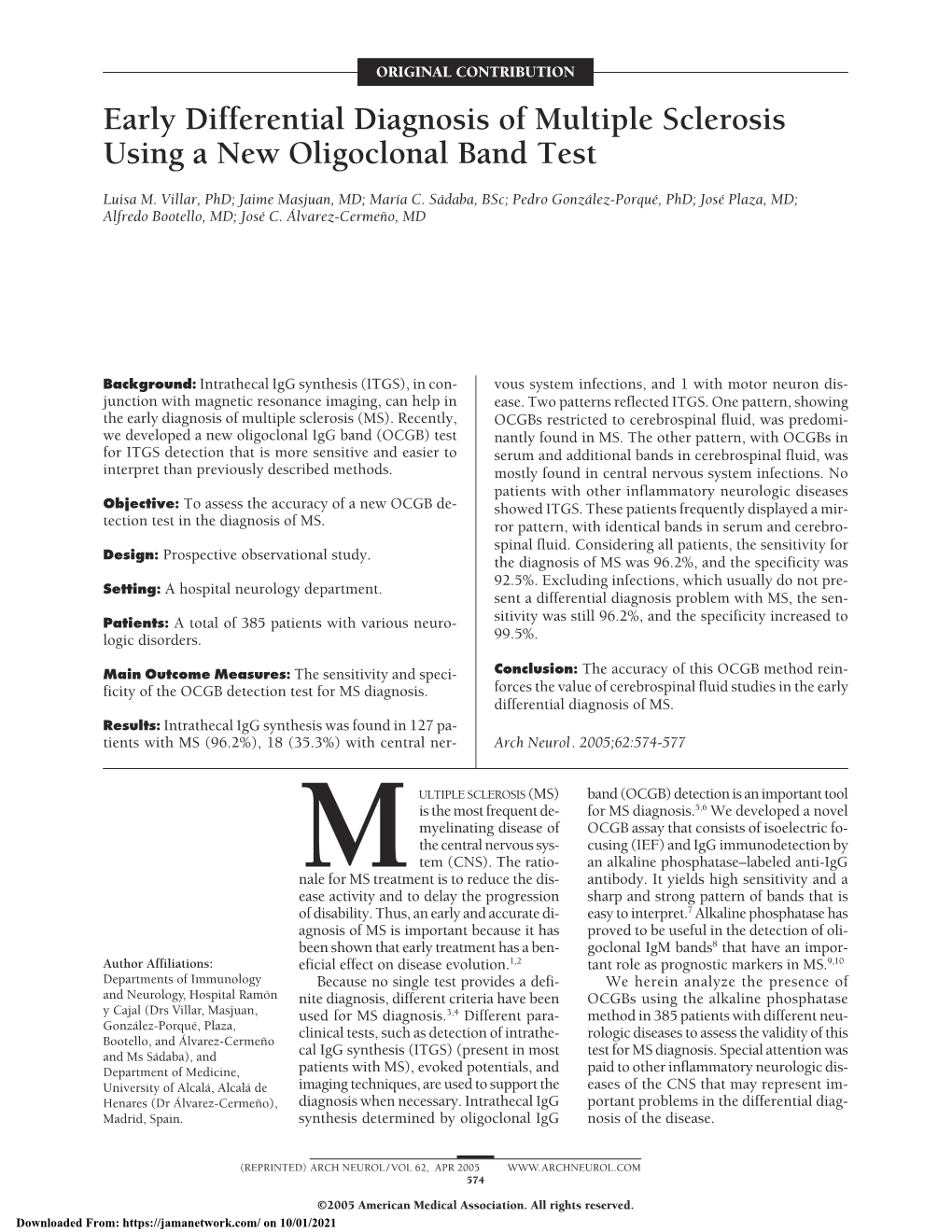 Early Differential Diagnosis of Multiple Sclerosis Using a New Oligoclonal Band Test