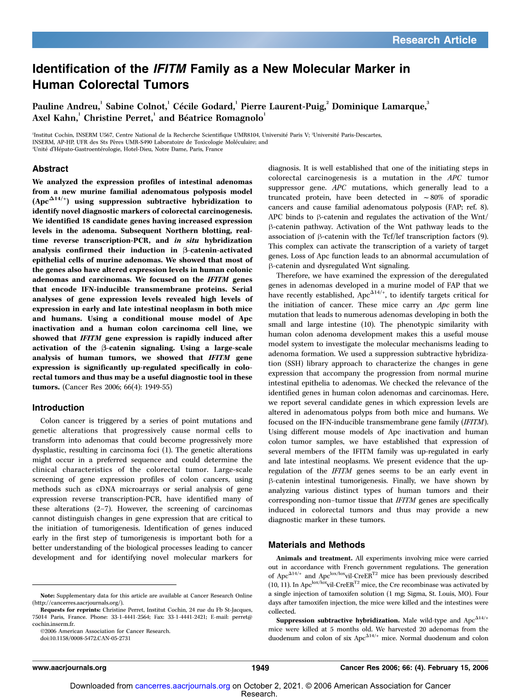 Identification of the IFITM Family As a New Molecular Marker in Human Colorectal Tumors