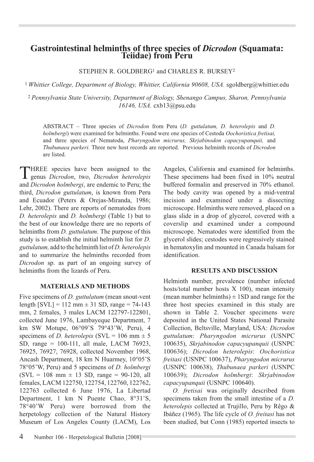 Gastrointestinal Helminths of Three Species of Dicrodon (Squamata: Teiidae) from Peru