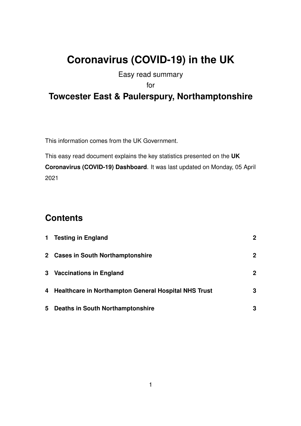 Coronavirus (COVID-19) in the UK Easy Read Summary for Towcester East & Paulerspury, Northamptonshire