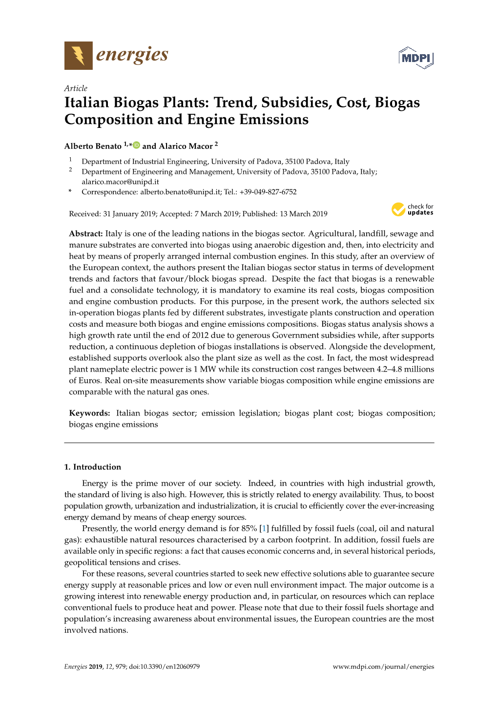 Italian Biogas Plants: Trend, Subsidies, Cost, Biogas Composition and Engine Emissions
