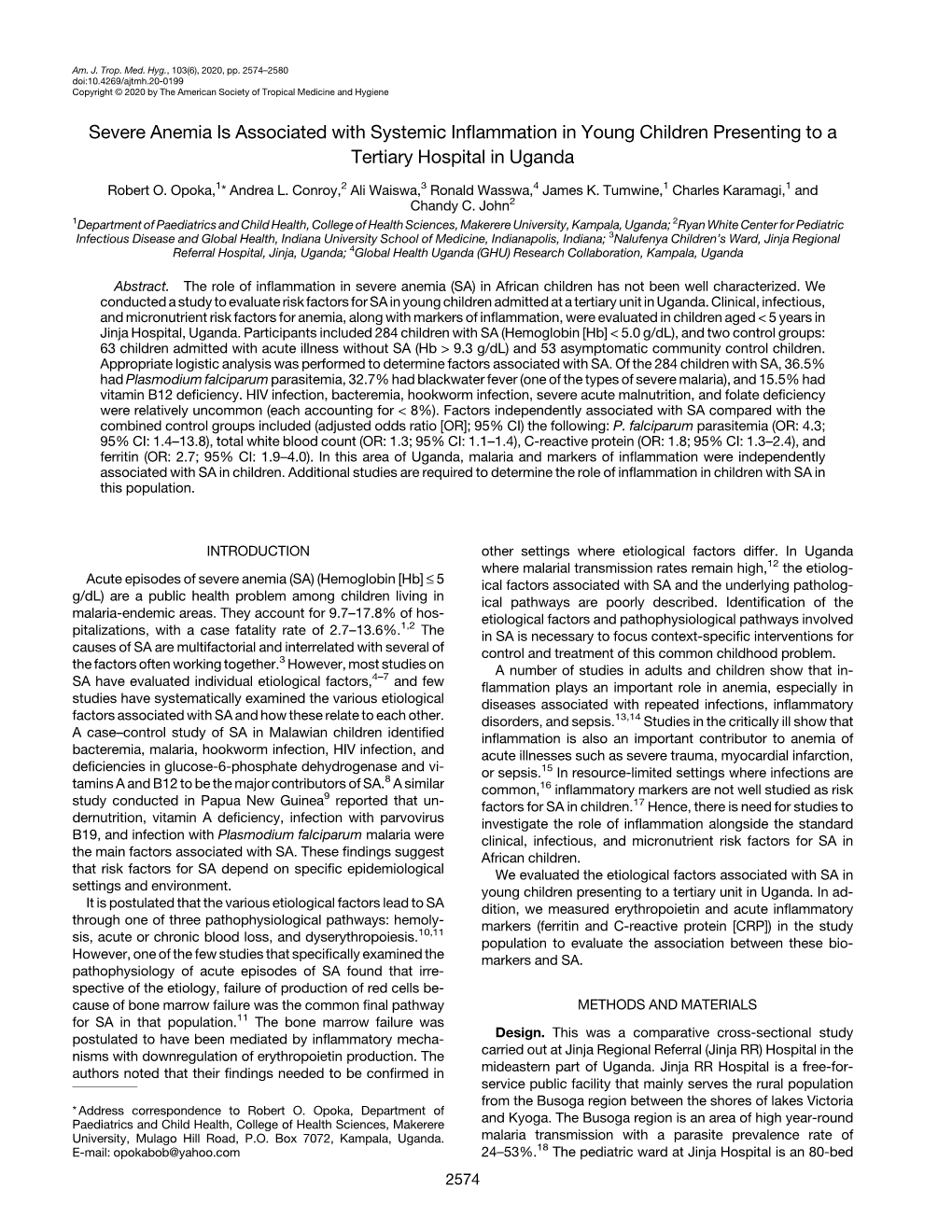 Severe Anemia Is Associated with Systemic Inflammation in Young