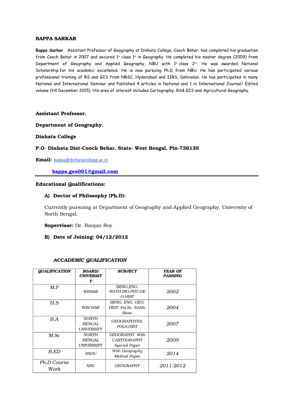 BAPPA SARKAR Assistant Professor, Department of Geography, Dinhata